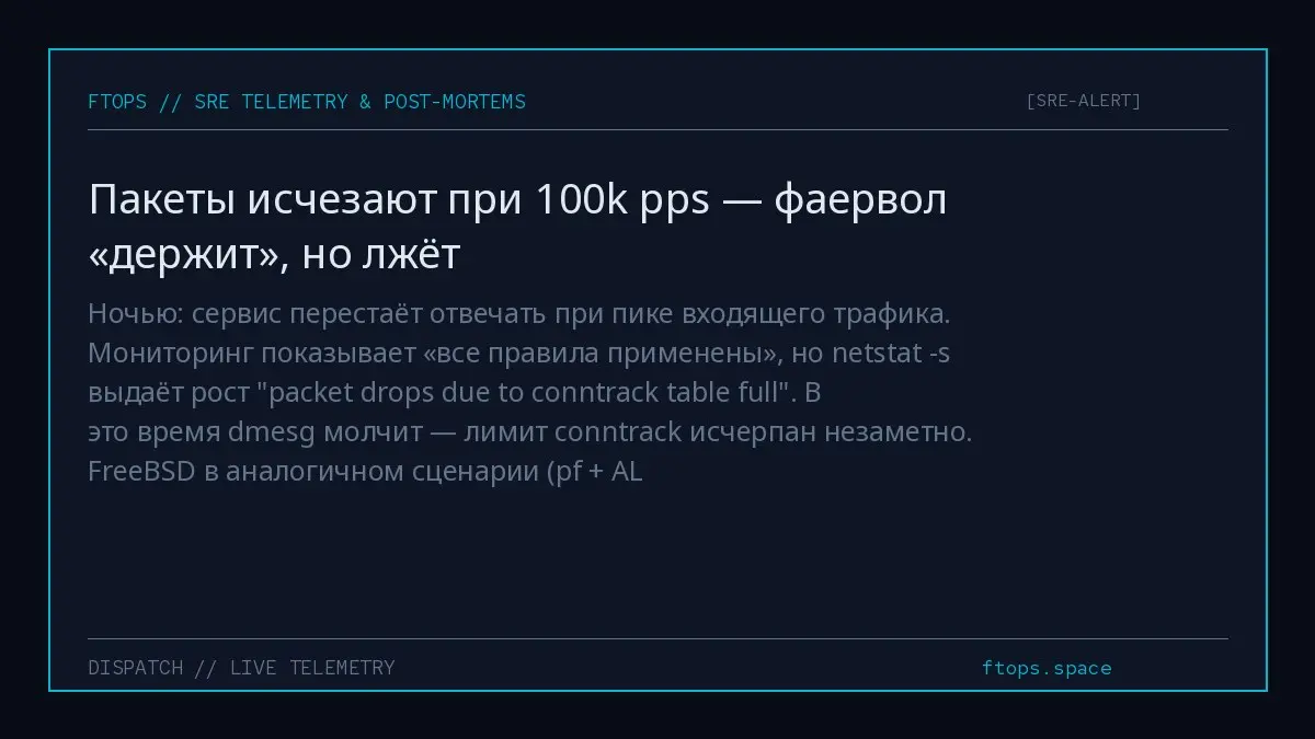 Ночью: сервис перестаёт отвечать при пике входящего трафика. Мониторинг показывает «все правила применены», но netstat -s выдаёт рост "packet drops due to conntrack table full" | Сетка — социальная сеть от hh.ru