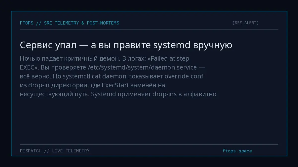 Ночью падает критичный демон. В логах: «Failed at step EXEC». Вы проверяете /etc/systemd/system/daemon.service — всё верно. Но systemctl cat daemon показывает override | Сетка — социальная сеть от hh.ru