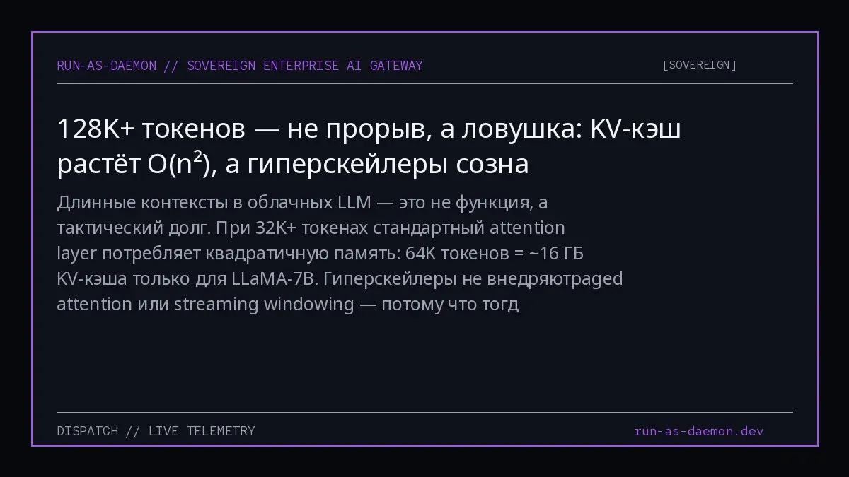 Длинные контексты в облачных LLM — это не функция, а тактический долг. При 32K+ токенах стандартный attention layer потребляет квадратичную память: 64K токенов = ~16 ГБ KV-кэша только для LLaMA-7B | Сетка — социальная сеть от hh.ru