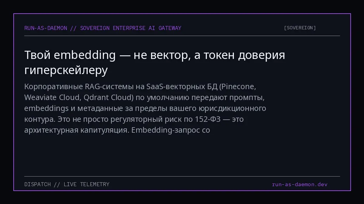 Корпоративные RAG-системы на SaaS-векторных БД (Pinecone, Weaviate Cloud, Qdrant Cloud) по умолчанию передают промпты, embeddings и метаданные за пределы вашего юрисдикционного контура | Сетка — социальная сеть от hh.ru