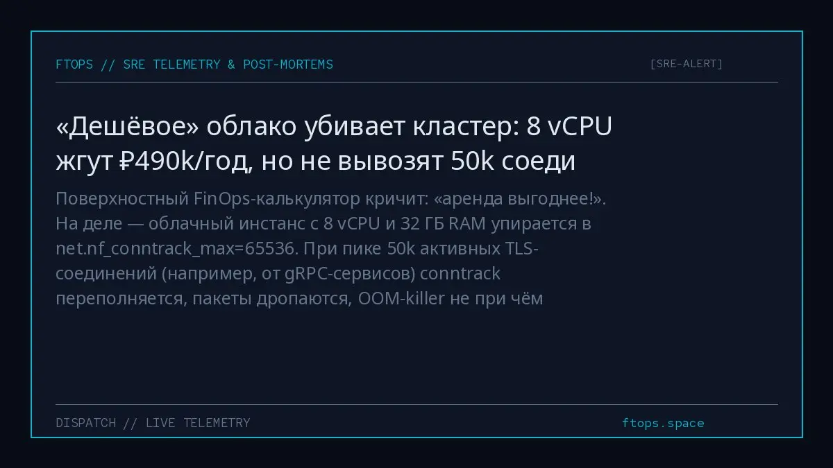 Поверхностный FinOps-калькулятор кричит: «аренда выгоднее!». На деле — облачный инстанс с 8 vCPU и 32 ГБ RAM упирается в net.nfconntrackmax=65536 | Сетка — социальная сеть от hh.ru