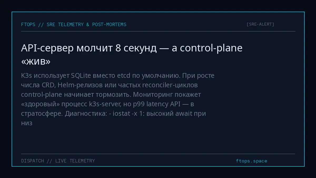 K3s использует SQLite вместо etcd по умолчанию. При росте числа CRD, Helm-релизов или частых reconciler-циклов control-plane начинает тормозить | Сетка — социальная сеть от hh.ru