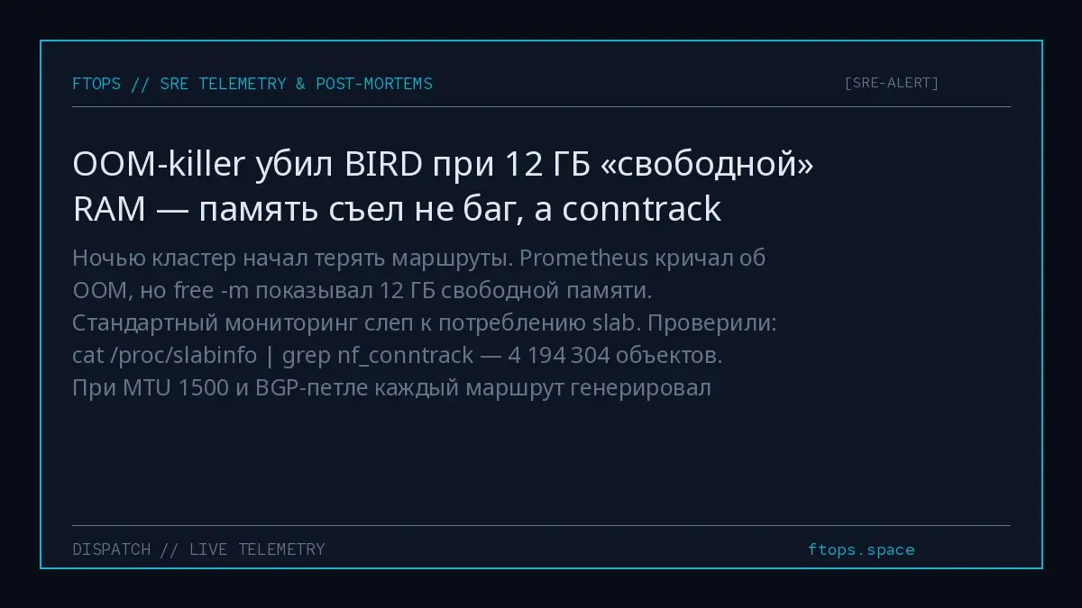 Ночью кластер начал терять маршруты. Prometheus кричал об OOM, но free -m показывал 12 ГБ свободной памяти. Стандартный мониторинг слеп к потреблению slab | Сетка — социальная сеть от hh.ru