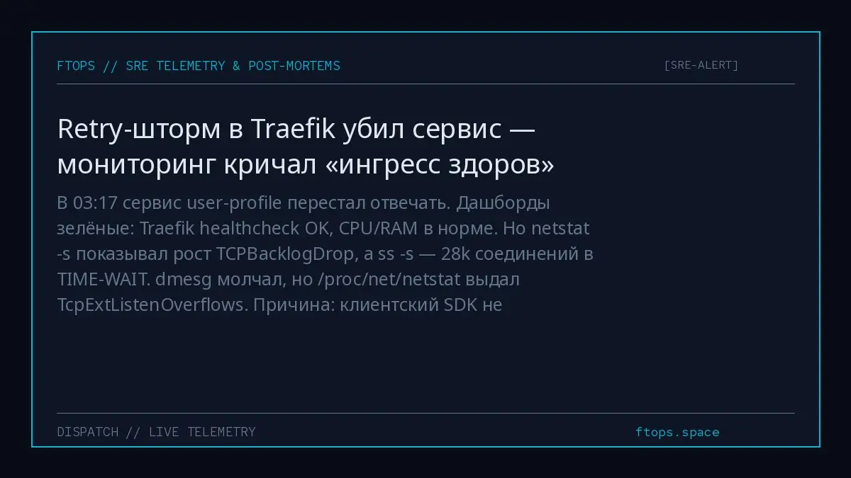 В 03:17 сервис user-profile перестал отвечать. Дашборды зелёные: Traefik healthcheck OK, CPU/RAM в норме. Но netstat -s показывал рост TCPBacklogDrop, а ss -s — 28k соединений в TIME-WAIT | Сетка — социальная сеть от hh.ru