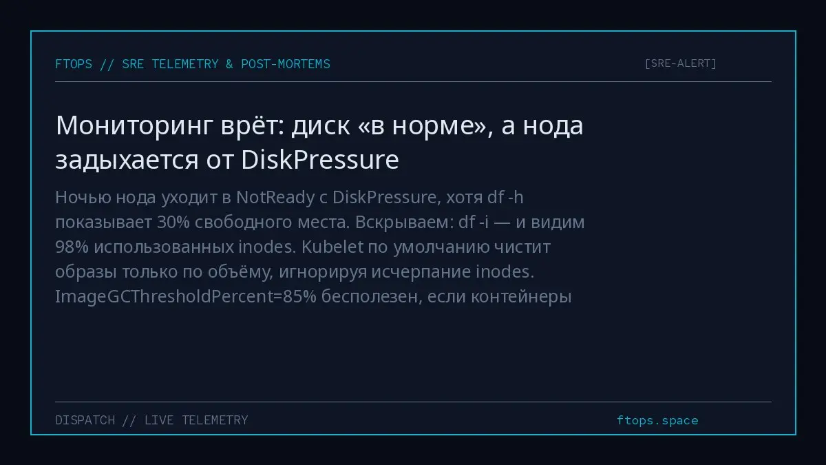 Ночью нода уходит в NotReady с DiskPressure, хотя df -h показывает 30% свободного места. Вскрываем: df -i — и видим 98% использованных inodes | Сетка — социальная сеть от hh.ru