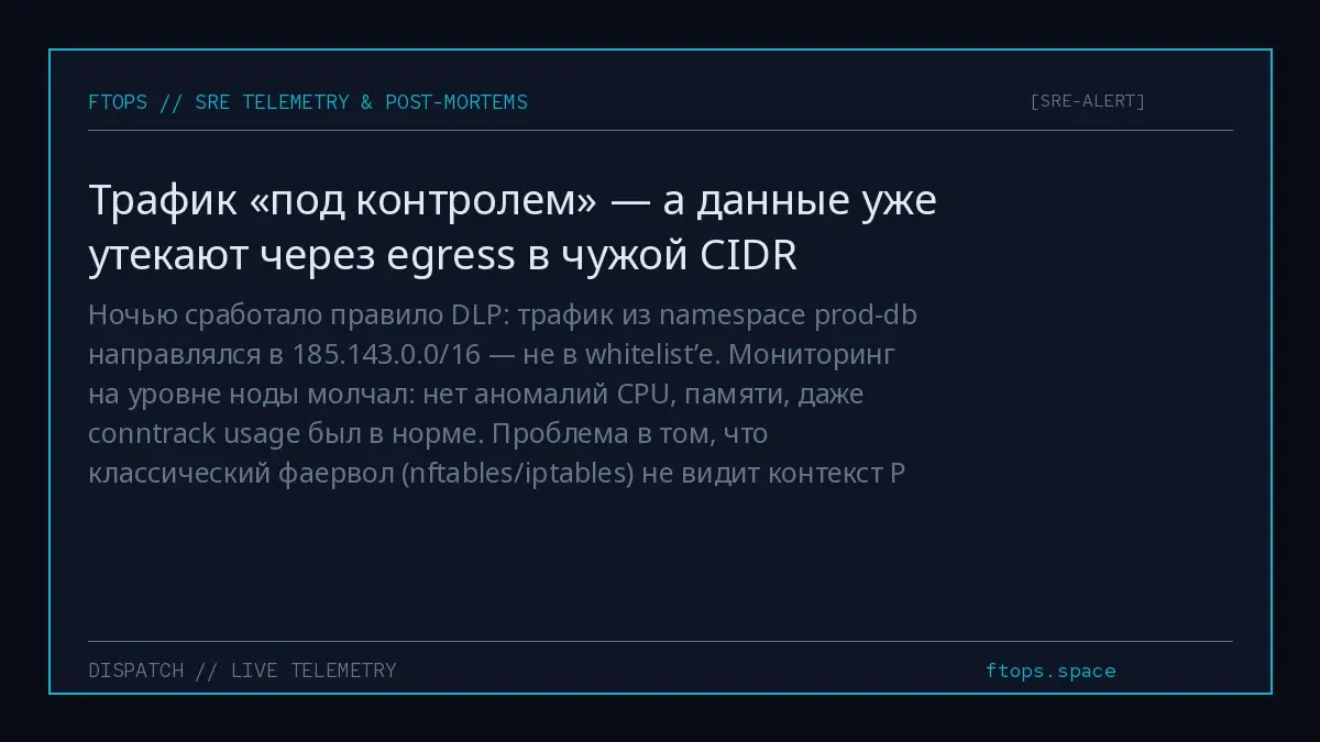 Ночью сработало правило DLP: трафик из namespace prod-db направлялся в 185.143.0.0/16 — не в whitelist’е. Мониторинг на уровне ноды молчал: нет аномалий CPU, памяти, даже conntrack usage был в норме | Сетка — социальная сеть от hh.ru
