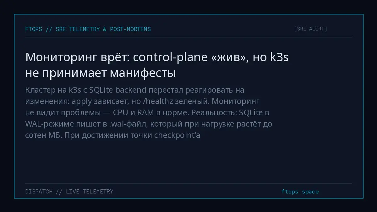 Кластер на k3s с SQLite backend перестал реагировать на изменения: apply зависает, но /healthz зеленый. Мониторинг не видит проблемы — CPU и RAM в норме. Реальность: SQLite в WAL-режиме пишет в | Сетка — социальная сеть от hh.ru