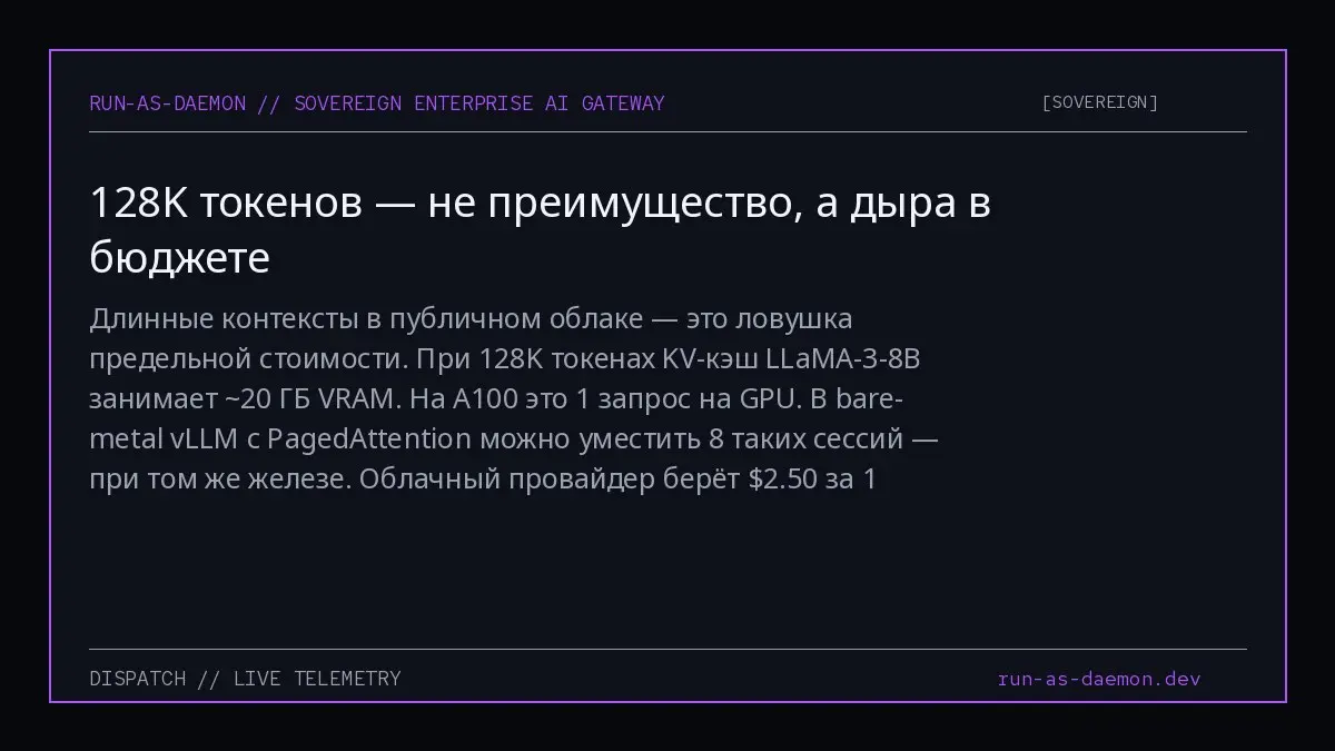 Длинные контексты в публичном облаке — это ловушка предельной стоимости. При 128K токенах KV-кэш LLaMA-3-8B занимает ~20 ГБ VRAM. На A100 это 1 запрос на GPU | Сетка — социальная сеть от hh.ru