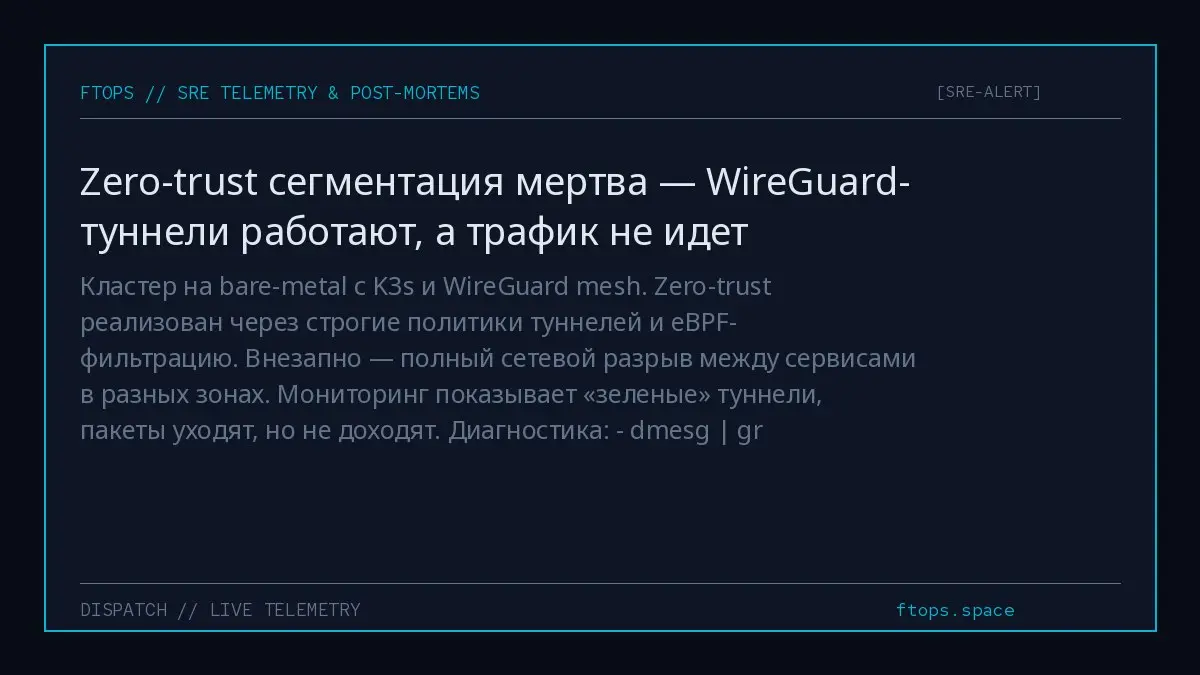 Кластер на bare-metal с K3s и WireGuard mesh. Zero-trust реализован через строгие политики туннелей и eBPF-фильтрацию. Внезапно — полный сетевой разрыв между сервисами в разных зонах | Сетка — социальная сеть от hh.ru