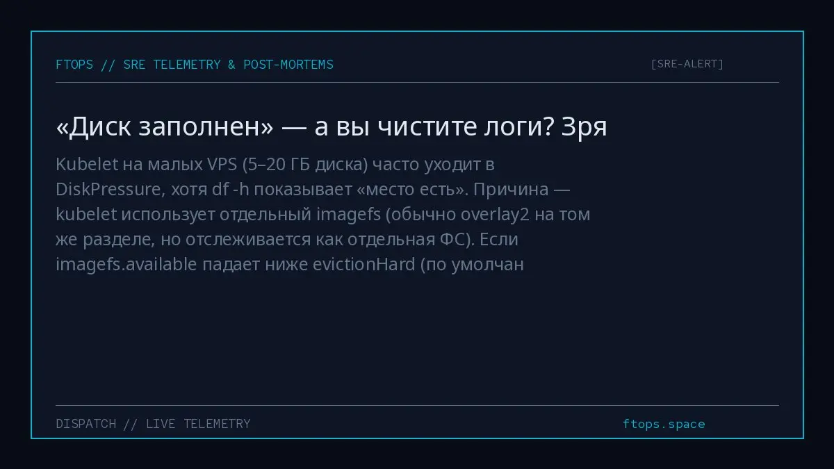 Kubelet на малых VPS (5–20 ГБ диска) часто уходит в DiskPressure, хотя df -h показывает «место есть» | Сетка — социальная сеть от hh.ru
