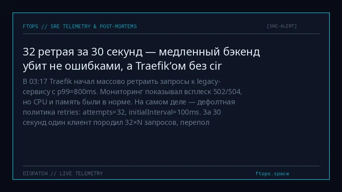 В 03:17 Traefik начал массово ретраить запросы к legacy-сервису с p99=800ms. Мониторинг показывал всплеск 502/504, но CPU и память были в норме | Сетка — социальная сеть от hh.ru
