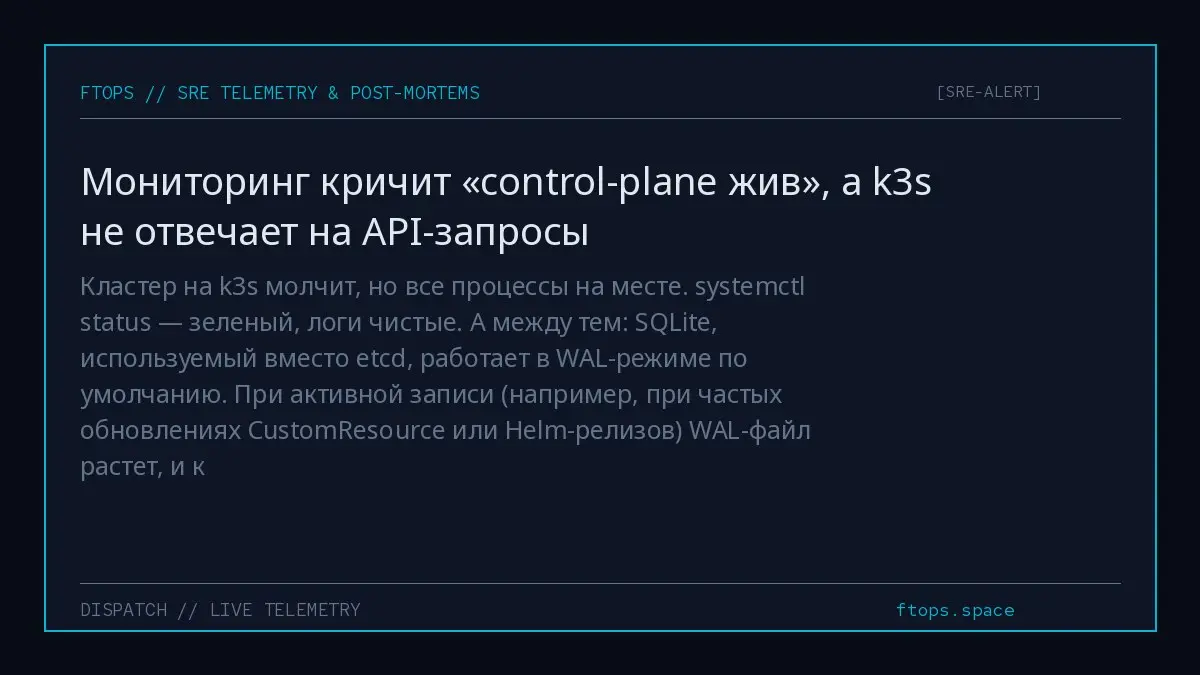 Кластер на k3s молчит, но все процессы на месте. systemctl status — зеленый, логи чистые. А между тем: SQLite, используемый вместо etcd, работает в WAL-режиме по умолчанию | Сетка — социальная сеть от hh.ru