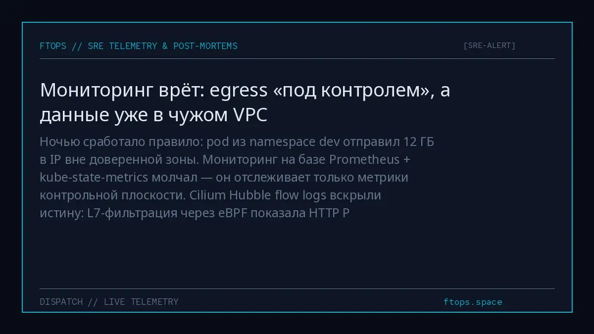 Ночью сработало правило: pod из namespace dev отправил 12 ГБ в IP вне доверенной зоны. Мониторинг на базе Prometheus + kube-state-metrics молчал — он отслеживает только метрики контрольной плоскости | Сетка — социальная сеть от hh.ru