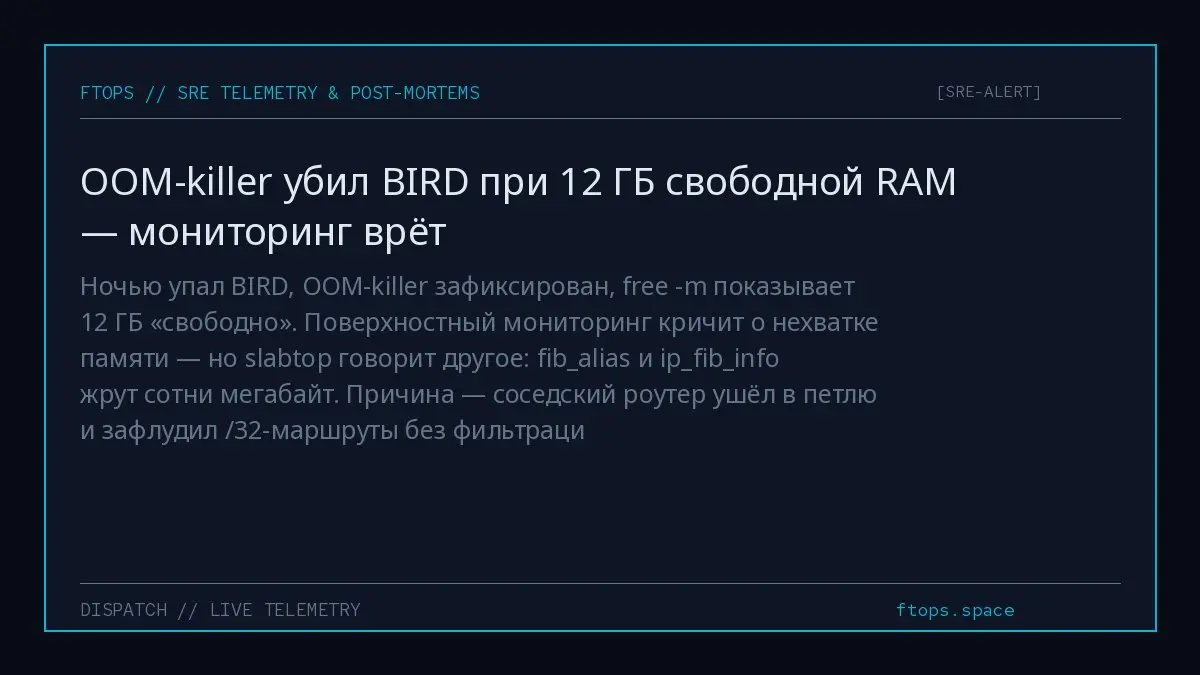 Ночью упал BIRD, OOM-killer зафиксирован, free -m показывает 12 ГБ «свободно». Поверхностный мониторинг кричит о нехватке памяти — но slabtop говорит другое: fibalias и ipfibinfo жрут сотни мегабайт | Сетка — социальная сеть от hh.ru