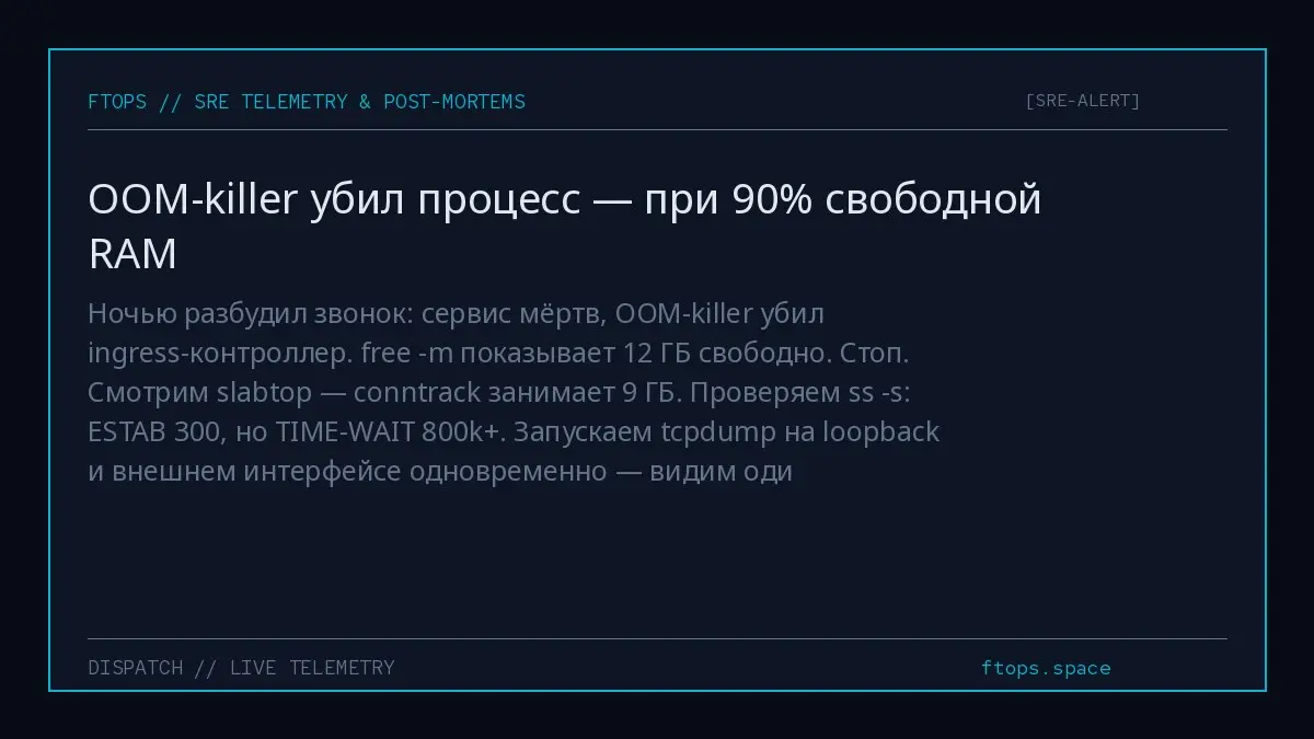 Ночью разбудил звонок: сервис мёртв, OOM-killer убил ingress-контроллер. free -m показывает 12 ГБ свободно. Стоп. Смотрим slabtop — conntrack занимает 9 ГБ | Сетка — социальная сеть от hh.ru