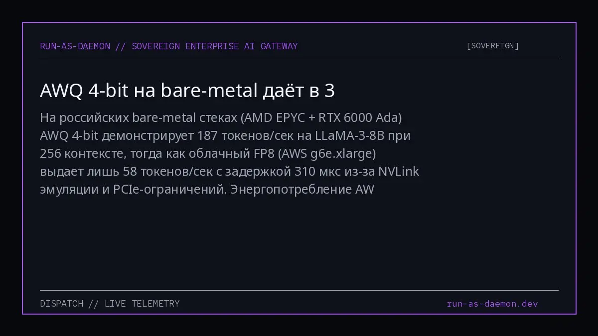 На российских bare-metal стеках (AMD EPYC + RTX 6000 Ada) AWQ 4-bit демонстрирует 187 токенов/сек на LLaMA-3-8B при 256 контексте, тогда как облачный FP8 (AWS g6e | Сетка — социальная сеть от hh.ru