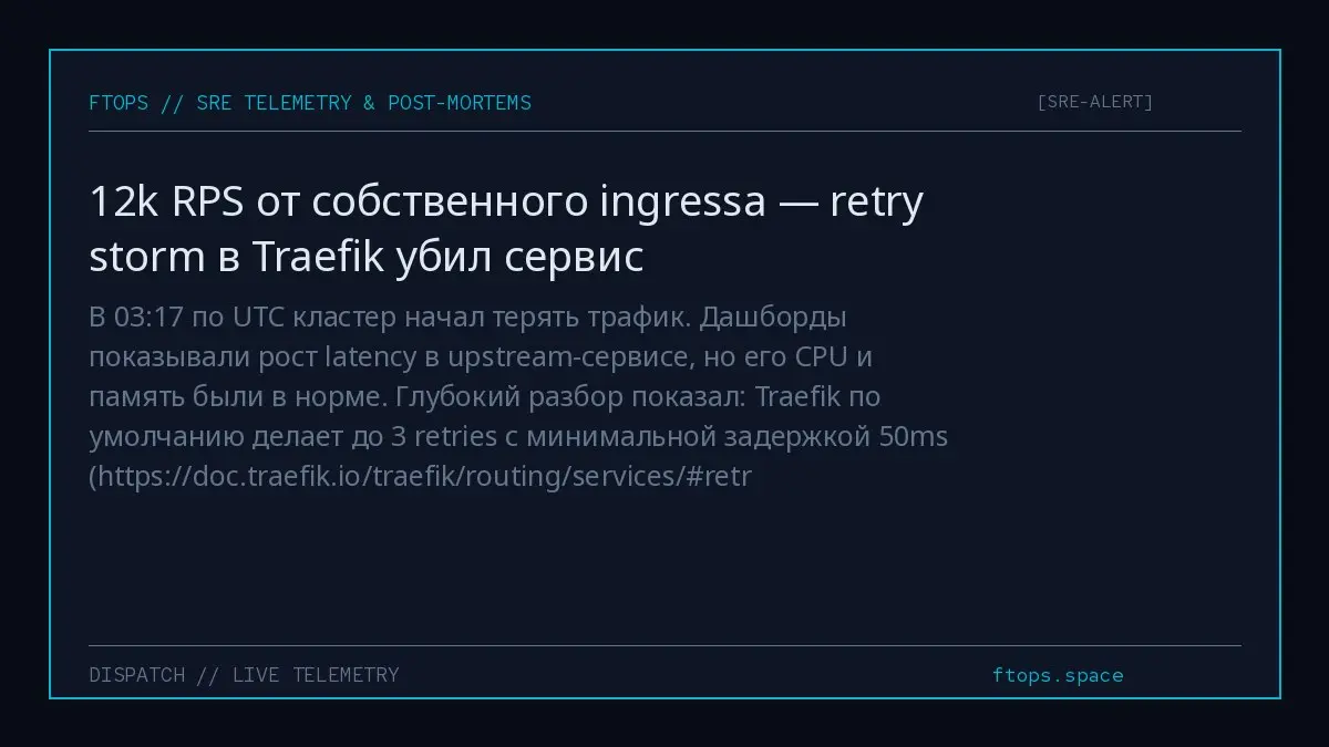 В 03:17 по UTC кластер начал терять трафик. Дашборды показывали рост latency в upstream-сервисе, но его CPU и память были в норме | Сетка — социальная сеть от hh.ru