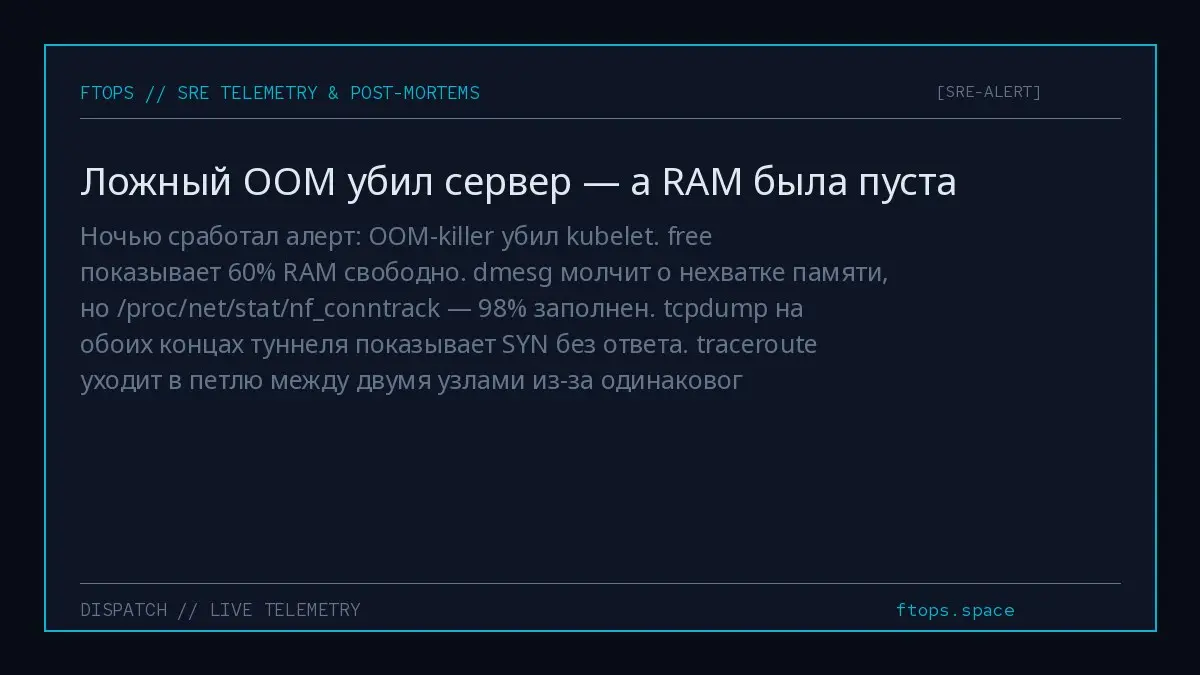 Ночью сработал алерт: OOM-killer убил kubelet. free показывает 60% RAM свободно. dmesg молчит о нехватке памяти, но /proc/net/stat/nfconntrack — 98% заполнен | Сетка — социальная сеть от hh.ru