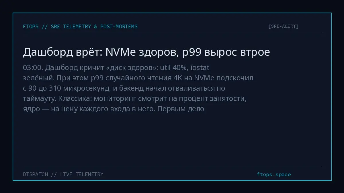 03:00. Дашборд кричит «диск здоров»: util 40%, iostat зелёный. При этом p99 случайного чтения 4K на NVMe подскочил с 90 до 310 микросекунд, и бэкенд начал отваливаться по таймауту | Сетка — социальная сеть от hh.ru