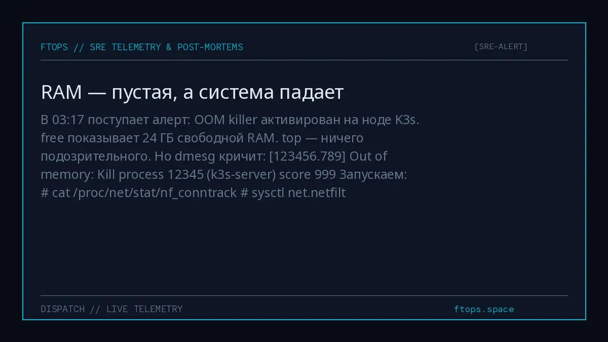 В 03:17 поступает алерт: OOM killer активирован на ноде K3s. free показывает 24 ГБ свободной RAM. top — ничего подозрительного. Но dmesg кричит: [123456 | Сетка — социальная сеть от hh.ru