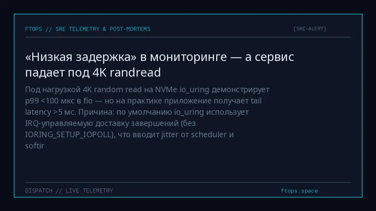 Под нагрузкой 4K random read на NVMe iouring демонстрирует p99 <100 мкс в fio — но на практике приложение получает tail latency >5 мс | Сетка — социальная сеть от hh.ru