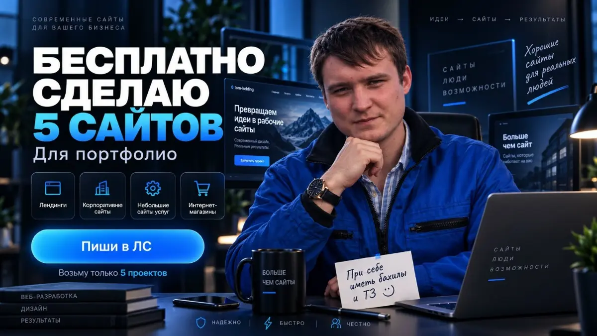 🔥 СДЕЛАЮ САЙТ БЕСПЛАТНО — ДО 50 СТРАНИЦ
Сейчас расширяю портфолио и возьму 5 реальных проектов | Сетка — социальная сеть от hh.ru