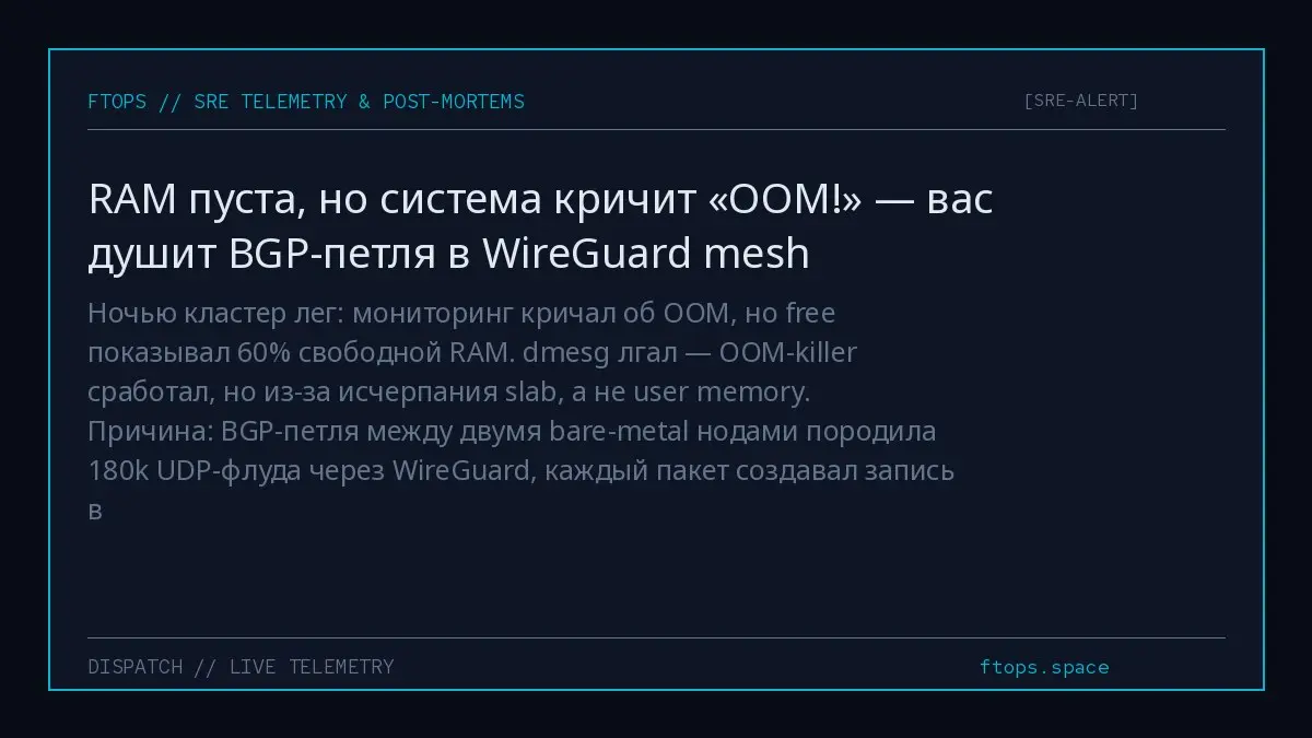 Ночью кластер лег: мониторинг кричал об OOM, но free показывал 60% свободной RAM. dmesg лгал — OOM-killer сработал, но из-за исчерпания slab, а не user memory | Сетка — социальная сеть от hh.ru
