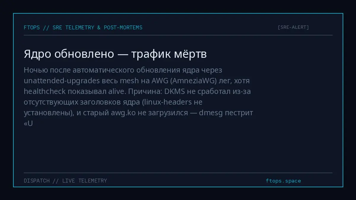 Ночью после автоматического обновления ядра через unattended-upgrades весь mesh на AWG (AmneziaWG) лег, хотя healthcheck показывал alive | Сетка — социальная сеть от hh.ru