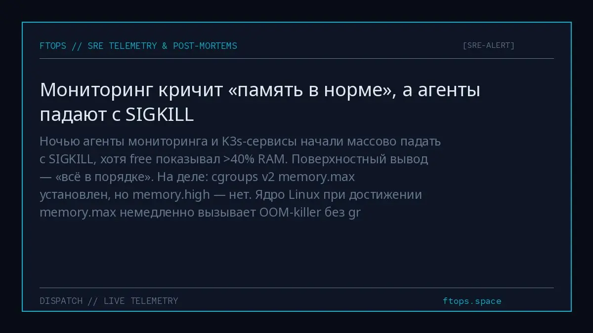 Ночью агенты мониторинга и K3s-сервисы начали массово падать с SIGKILL, хотя free показывал >40% RAM. Поверхностный вывод — «всё в порядке». На деле: cgroups v2 memory.max установлен, но memory | Сетка — социальная сеть от hh.ru