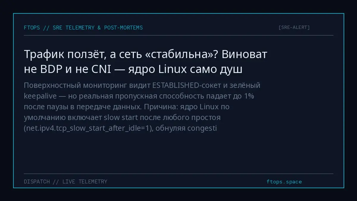 Поверхностный мониторинг видит ESTABLISHED-сокет и зелёный keepalive — но реальная пропускная способность падает до 1% после паузы в передаче данных | Сетка — социальная сеть от hh.ru