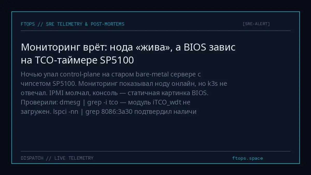 Ночью упал control-plane на старом bare-metal сервере с чипсетом SP5100. Мониторинг показывал ноду онлайн, но k3s не отвечал. IPMI молчал, консоль — статичная картинка BIOS | Сетка — социальная сеть от hh.ru