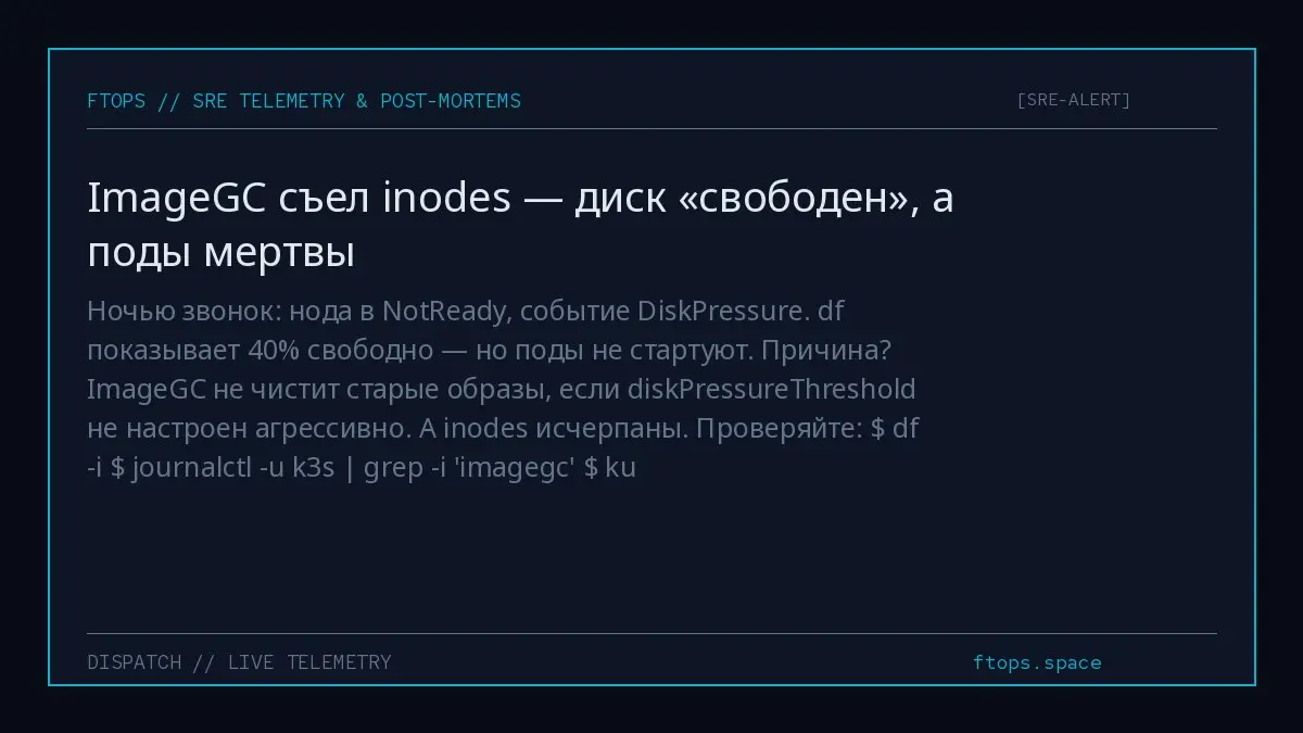 Ночью звонок: нода в NotReady, событие DiskPressure. df показывает 40% свободно — но поды не стартуют. Причина? ImageGC не чистит старые образы, если diskPressureThreshold не настроен агрессивно | Сетка — социальная сеть от hh.ru