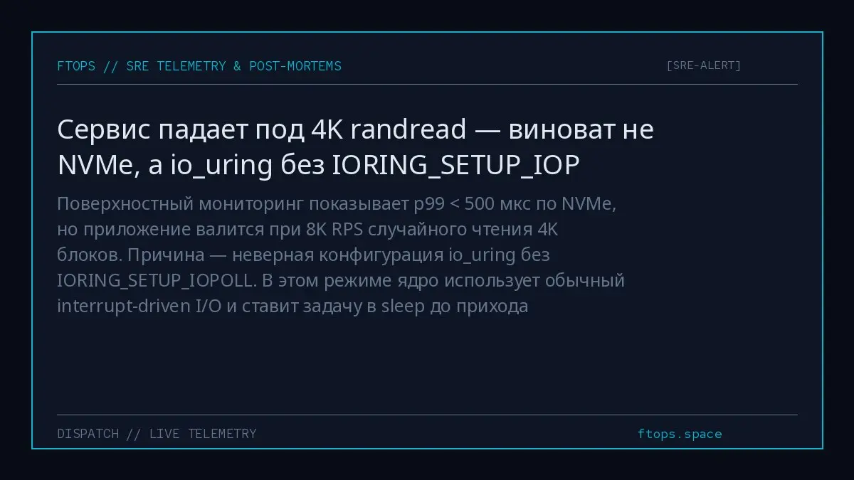 Поверхностный мониторинг показывает p99 < 500 мкс по NVMe, но приложение валится при 8K RPS случайного чтения 4K блоков. Причина — неверная конфигурация iouring без IORINGSETUPIOPOLL | Сетка — социальная сеть от hh.ru