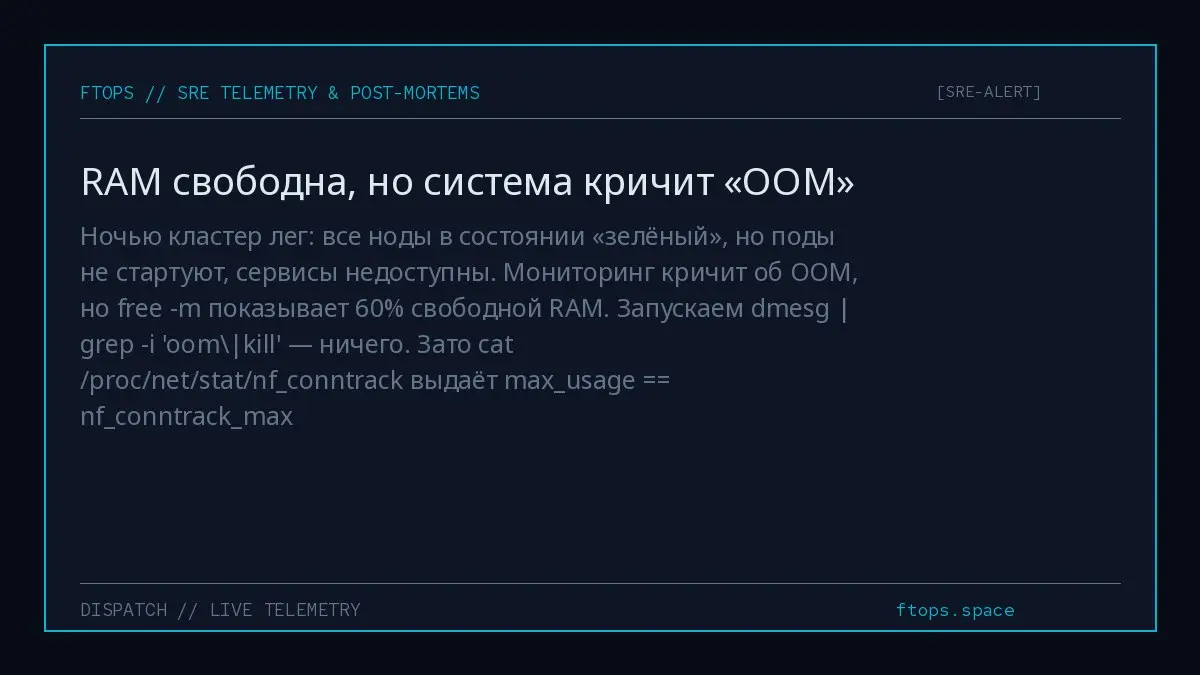 Ночью кластер лег: все ноды в состоянии «зелёный», но поды не стартуют, сервисы недоступны. Мониторинг кричит об OOM, но free -m показывает 60% свободной RAM | Сетка — социальная сеть от hh.ru