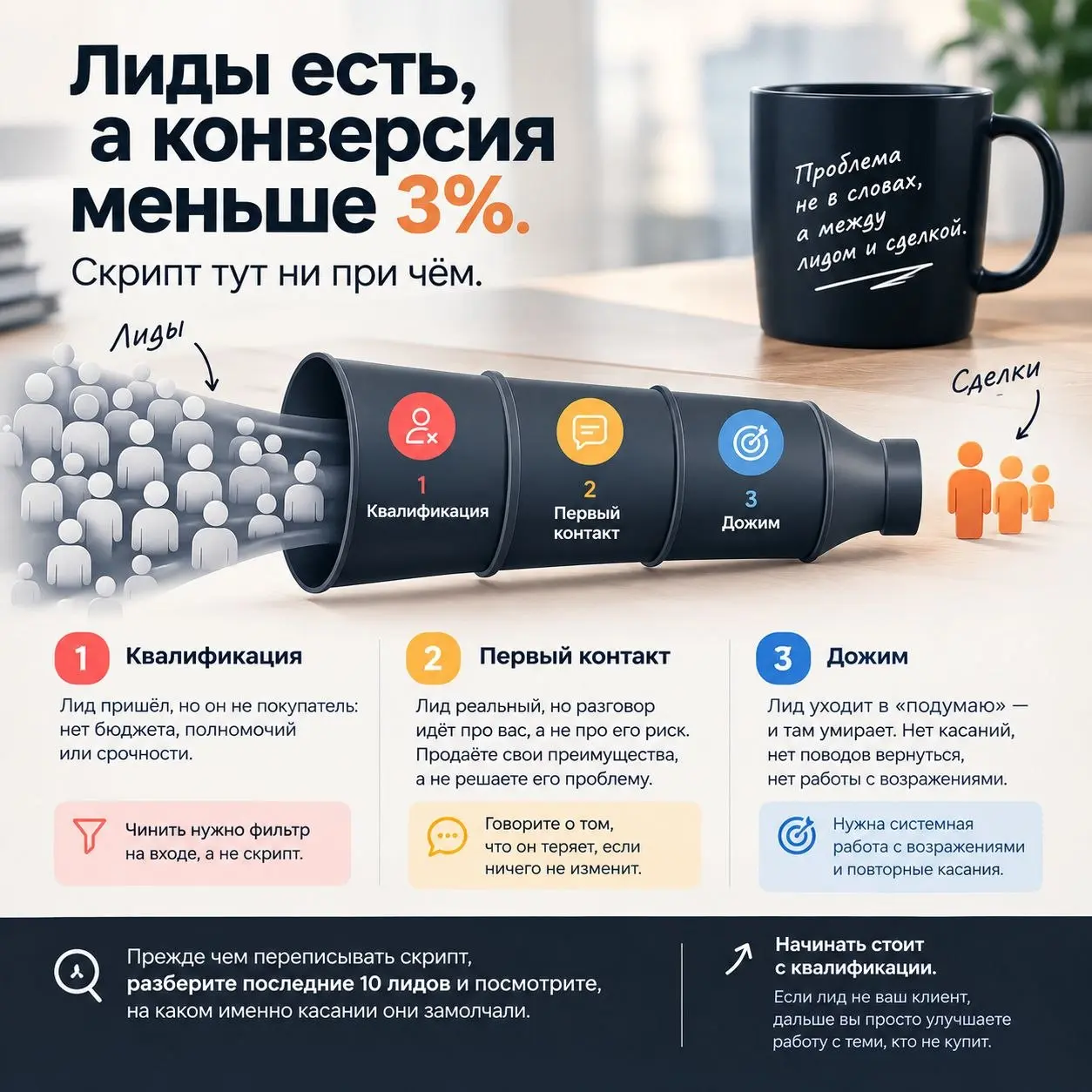 #ТехникаПродаж
ЛИДЫ ЕСТЬ, А КОНВЕРСИЯ МЕНЬШЕ 3% | ЧТО ДЕЛАТЬ?
Когда лидов много, а сделок мало, первая мысль обычно: “Слабо продаём”, и начинается работа над скриптом. Переписываем вопросы | Сетка — социальная сеть от hh.ru