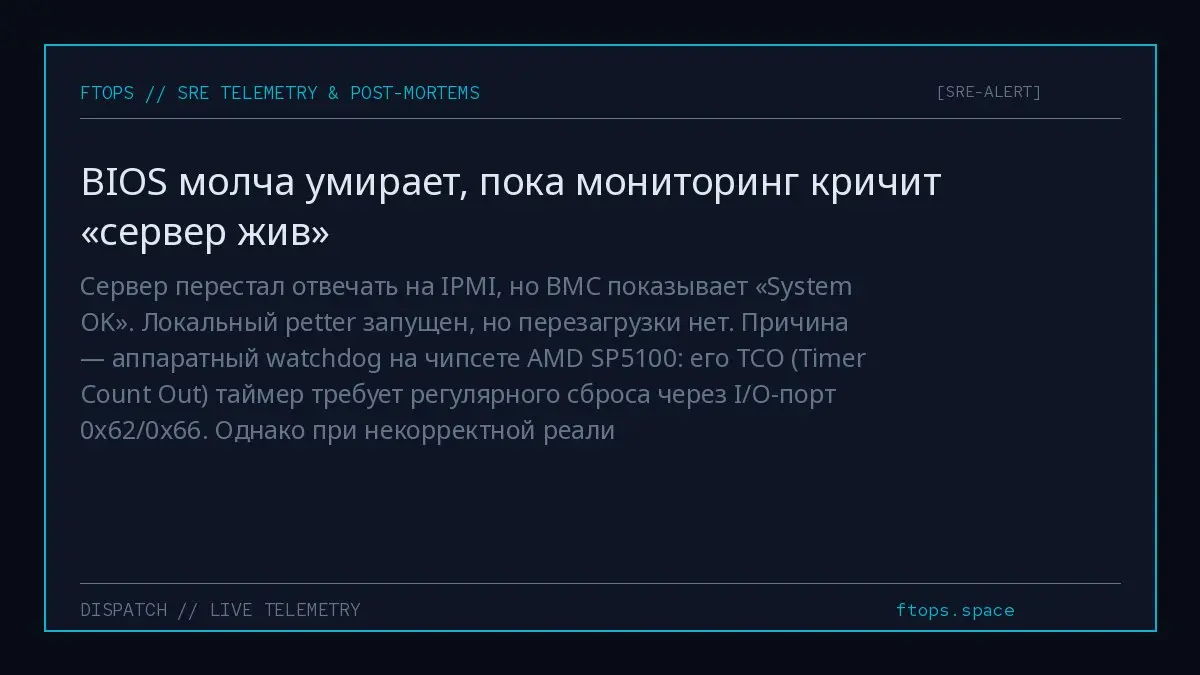 Сервер перестал отвечать на IPMI, но BMC показывает «System OK». Локальный petter запущен, но перезагрузки нет | Сетка — социальная сеть от hh.ru