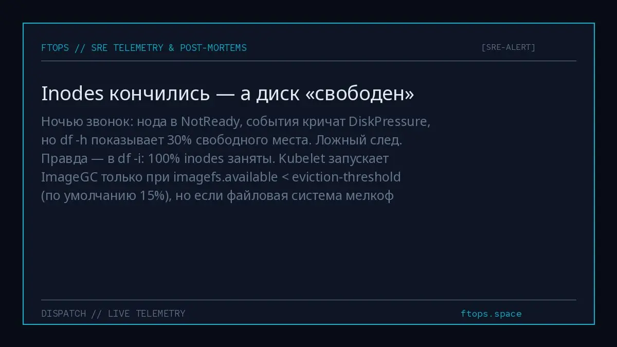 Ночью звонок: нода в NotReady, события кричат DiskPressure, но df -h показывает 30% свободного места. Ложный след. Правда — в df -i: 100% inodes заняты. Kubelet запускает ImageGC только при imagefs | Сетка — социальная сеть от hh.ru