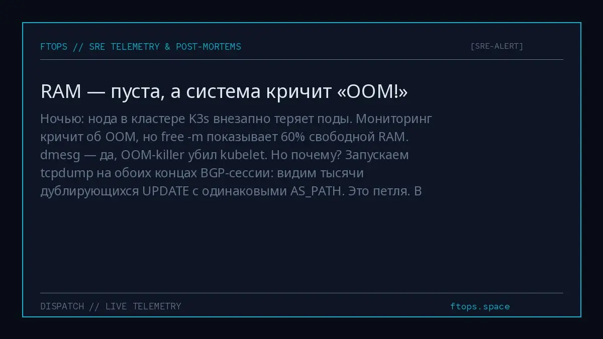 Ночью: нода в кластере K3s внезапно теряет поды. Мониторинг кричит об OOM, но free -m показывает 60% свободной RAM. dmesg — да, OOM-killer убил kubelet | Сетка — социальная сеть от hh.ru