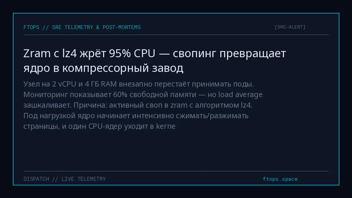 Узел на 2 vCPU и 4 ГБ RAM внезапно перестаёт принимать поды. Мониторинг показывает 60% свободной памяти — но load average зашкаливает. Причина: активный своп в zram с алгоритмом lz4 | Сетка — социальная сеть от hh.ru