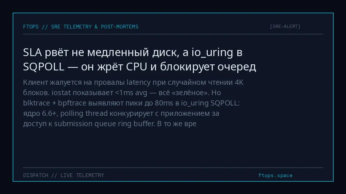 Клиент жалуется на провалы latency при случайном чтении 4K блоков. iostat показывает <1ms avg — всё «зелёное». Но blktrace + bpftrace выявляют пики до 80ms в iouring SQPOLL: ядро 6 | Сетка — социальная сеть от hh.ru
