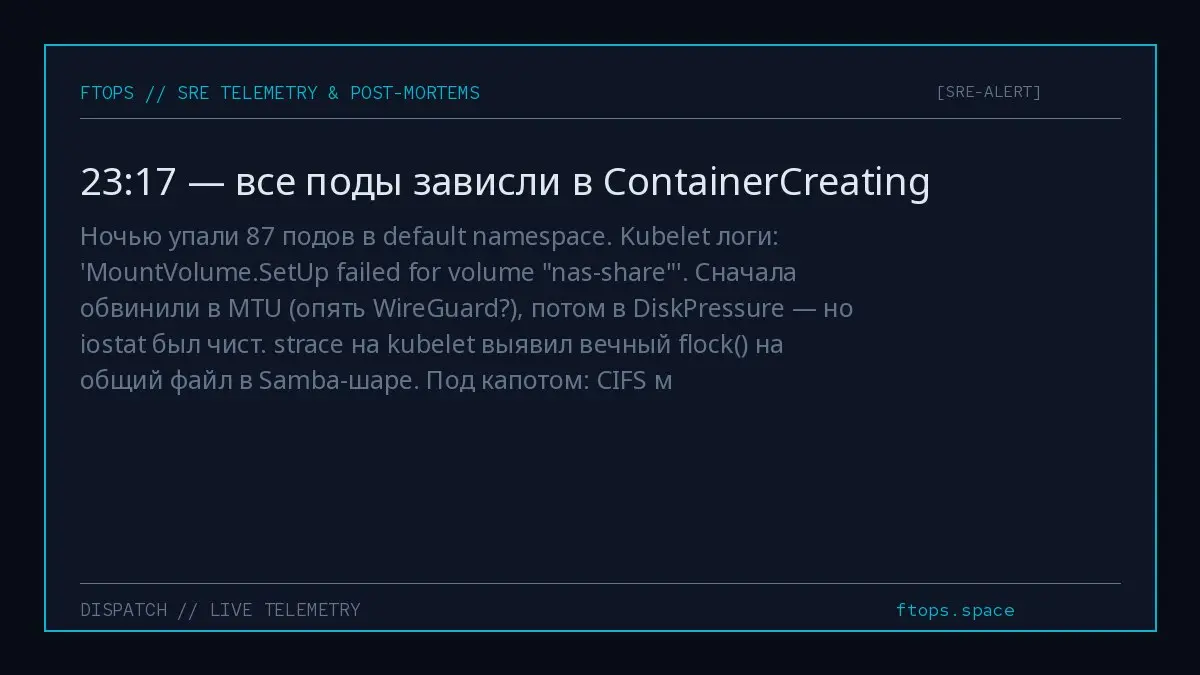 Ночью упали 87 подов в default namespace. Kubelet логи: 'MountVolume.SetUp failed for volume "nas-share"'. Сначала обвинили в MTU (опять WireGuard?), потом в DiskPressure — но iostat был чист | Сетка — социальная сеть от hh.ru