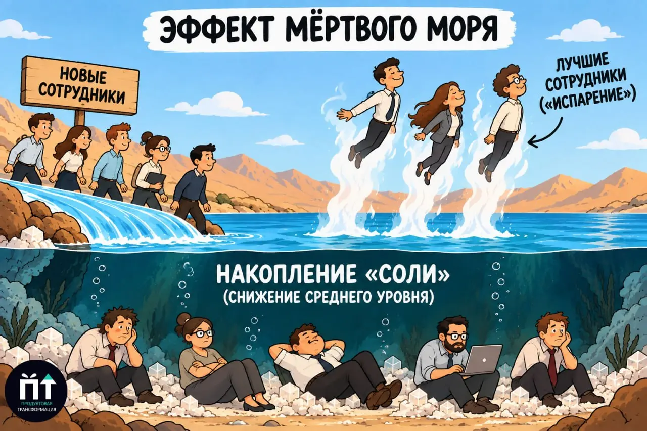 ☠️🌊 Эффект Мёртвого моря
В 2008 году Брюс Вебстер описал организационный антипаттерн, который назвал «эффектом Мёртвого моря» | Сетка — социальная сеть от hh.ru