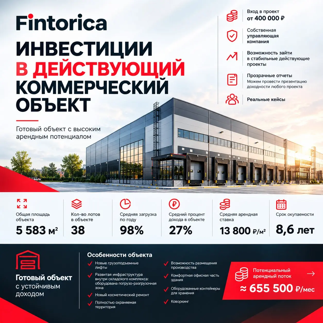 Инвестиции в действующий коммерческий объект с доходностью 27%
Ищете надежный способ приумножить капитал? Компания Fintorica предлагает войти в стабильный действующий проект | Сетка — социальная сеть от hh.ru