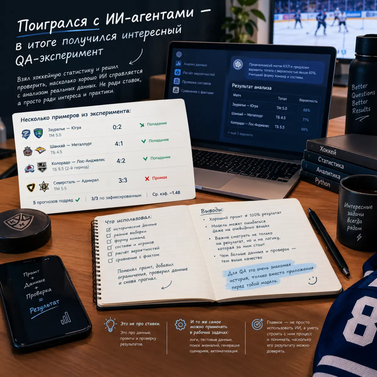 Поигрался с ИИ-агентами — в итоге получился интересный QA-эксперимент
Последнее время экспериментирую с ИИ-агентами и промтами.
Для эксперимента взял хоккейную статистику | Сетка — социальная сеть от hh.ru