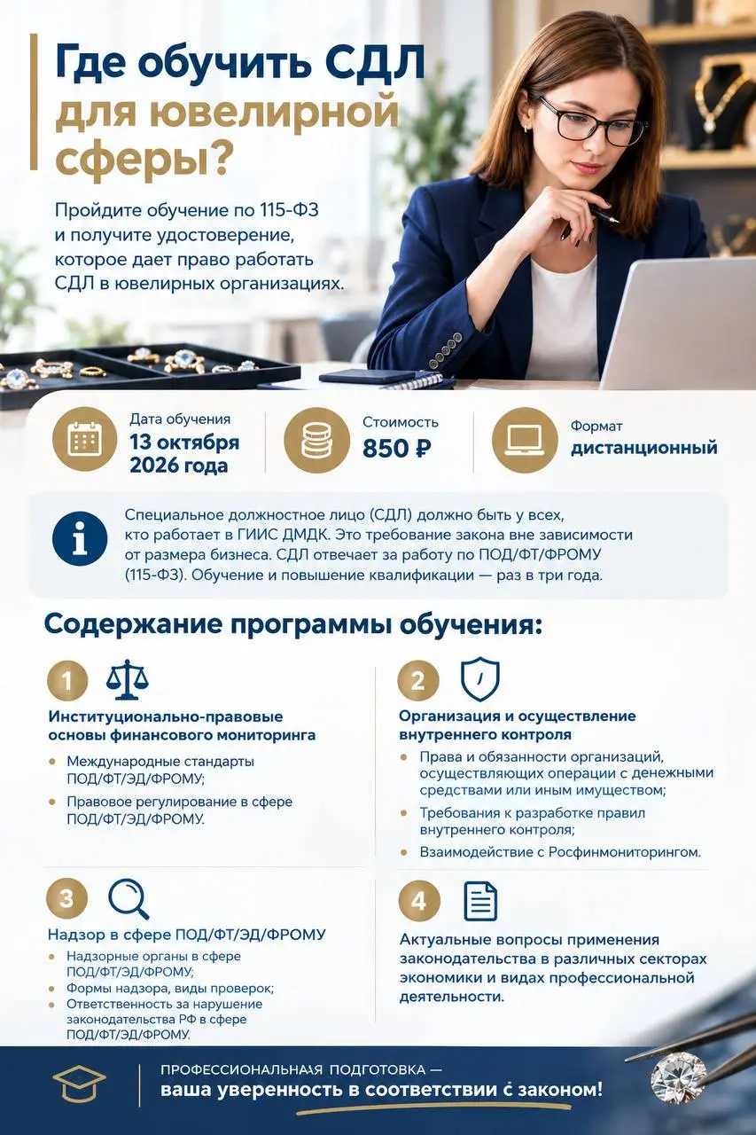 Приглашаем на обучение "Целевой инструктаж в области ПОД/ФТ/ЭД/ФРОМУ для работников организаций, осуществляющих операции с денежными средствами или иным имуществом (ювелирная сфера)"
Содержание програ... | Сетка — социальная сеть от hh.ru