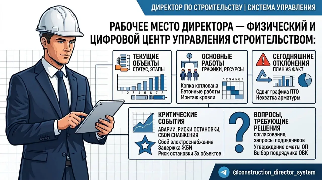 🏗 1️⃣ Рабочее место директора по строительству → где директор управляет
Рабочее место директора по строительству — это не стол, компьютер и телефон.
Это персональный пункт управления строительством | Сетка — социальная сеть от hh.ru
