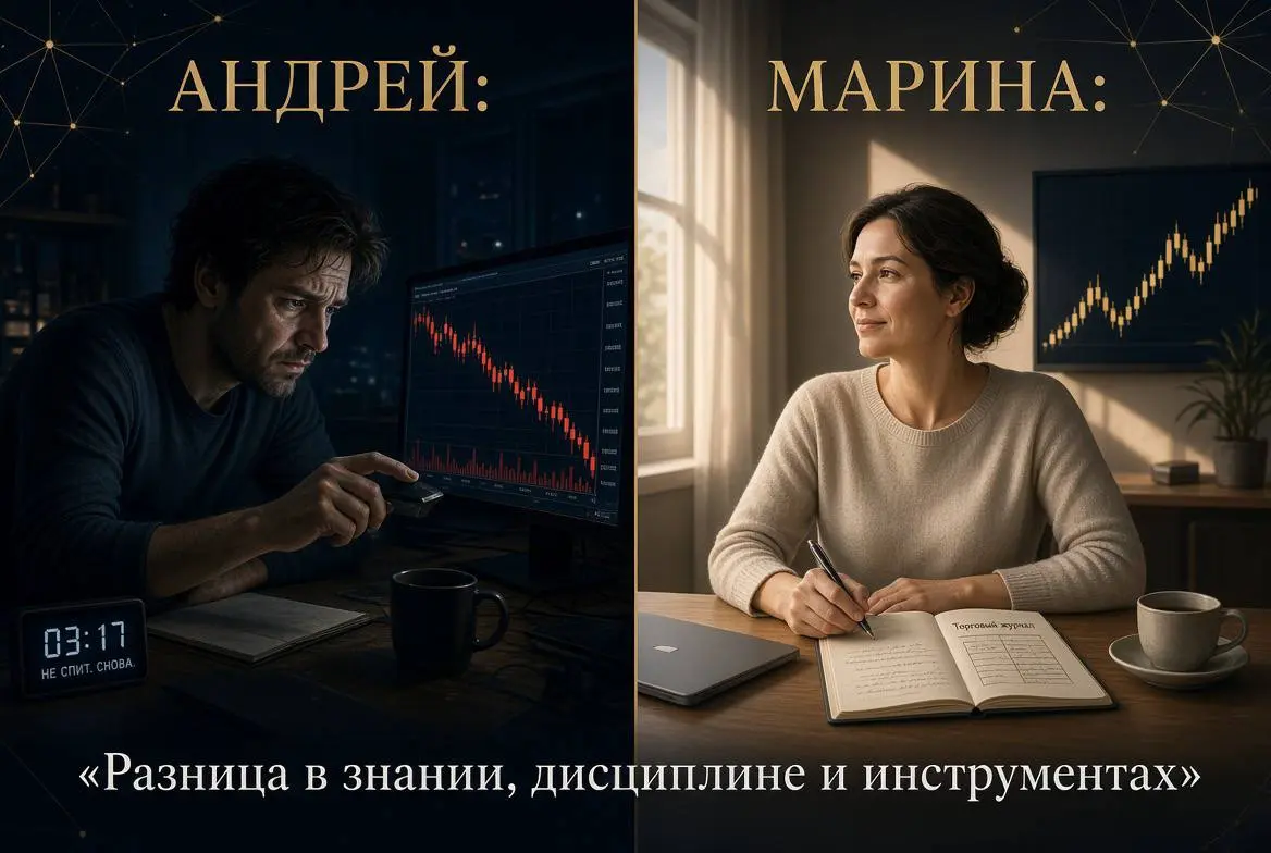 Два трейдера. Они не выдуманы — за каждым стоят сотни людей, которых я видел лично.
Андрей открыл счёт три недели назад. Насмотрелся роликов про «финансовую свободу», завёл сбережения | Сетка — социальная сеть от hh.ru
