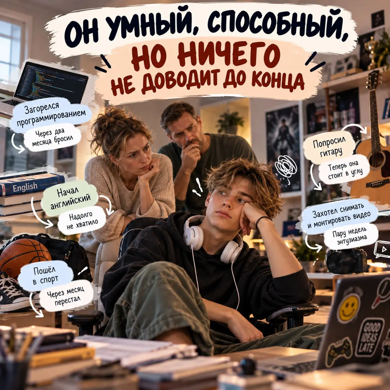 «ОН УМНЫЙ, СПОСОБНЫЙ. НО НИЧЕГО НЕ ДОВОДИТ ДО КОНЦА»
Мама рассказывает про сына:
— В прошлом году загорелся программированием. Сам попросил записать на курсы. Через два месяца бросил | Сетка — социальная сеть от hh.ru