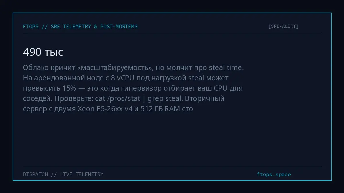 Облако кричит «масштабируемость», но молчит про steal time. На арендованной ноде с 8 vCPU под нагрузкой steal может превысить 15% — это когда гипервизор отбирает ваш CPU для соседей | Сетка — социальная сеть от hh.ru