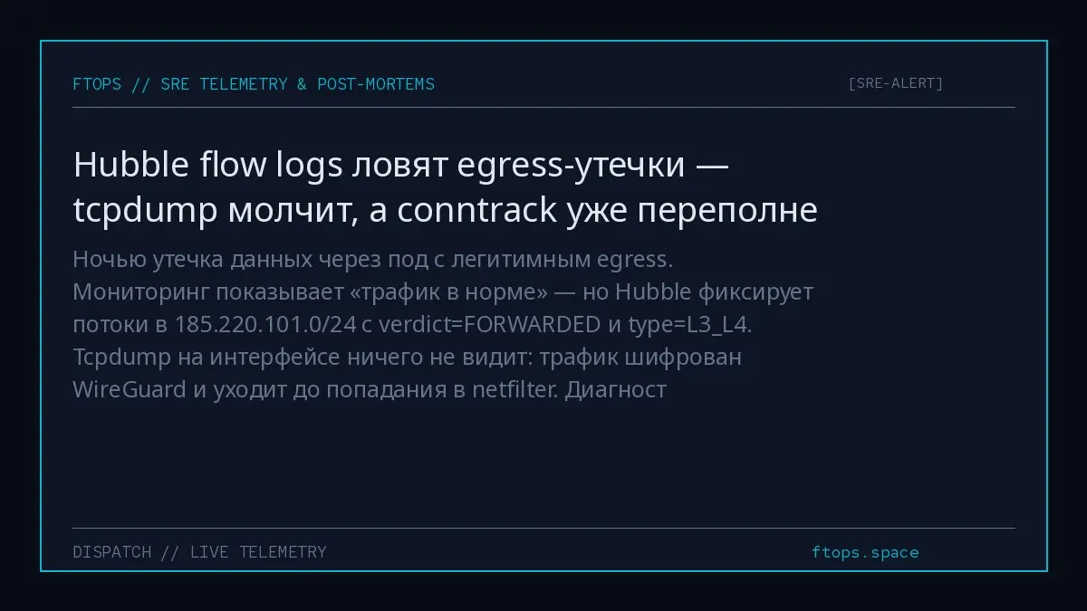 Ночью утечка данных через под с легитимным egress. Мониторинг показывает «трафик в норме» — но Hubble фиксирует потоки в 185.220.101.0/24 с verdict=FORWARDED и type=L3L4 | Сетка — социальная сеть от hh.ru